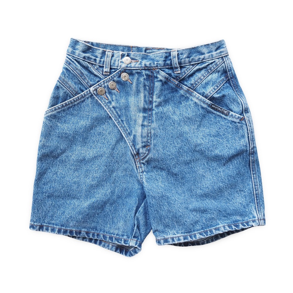 Western Ethics Vintage Denim Shorts Women 7/8 High Waist Asymmetrical Button Fly